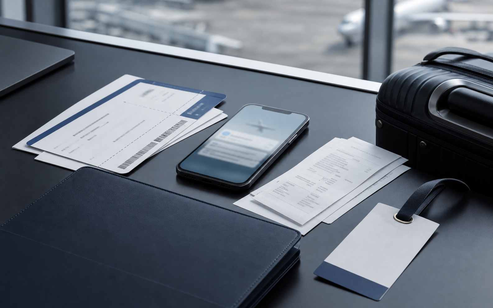 Documentos de viagem organizados para análise jurídica