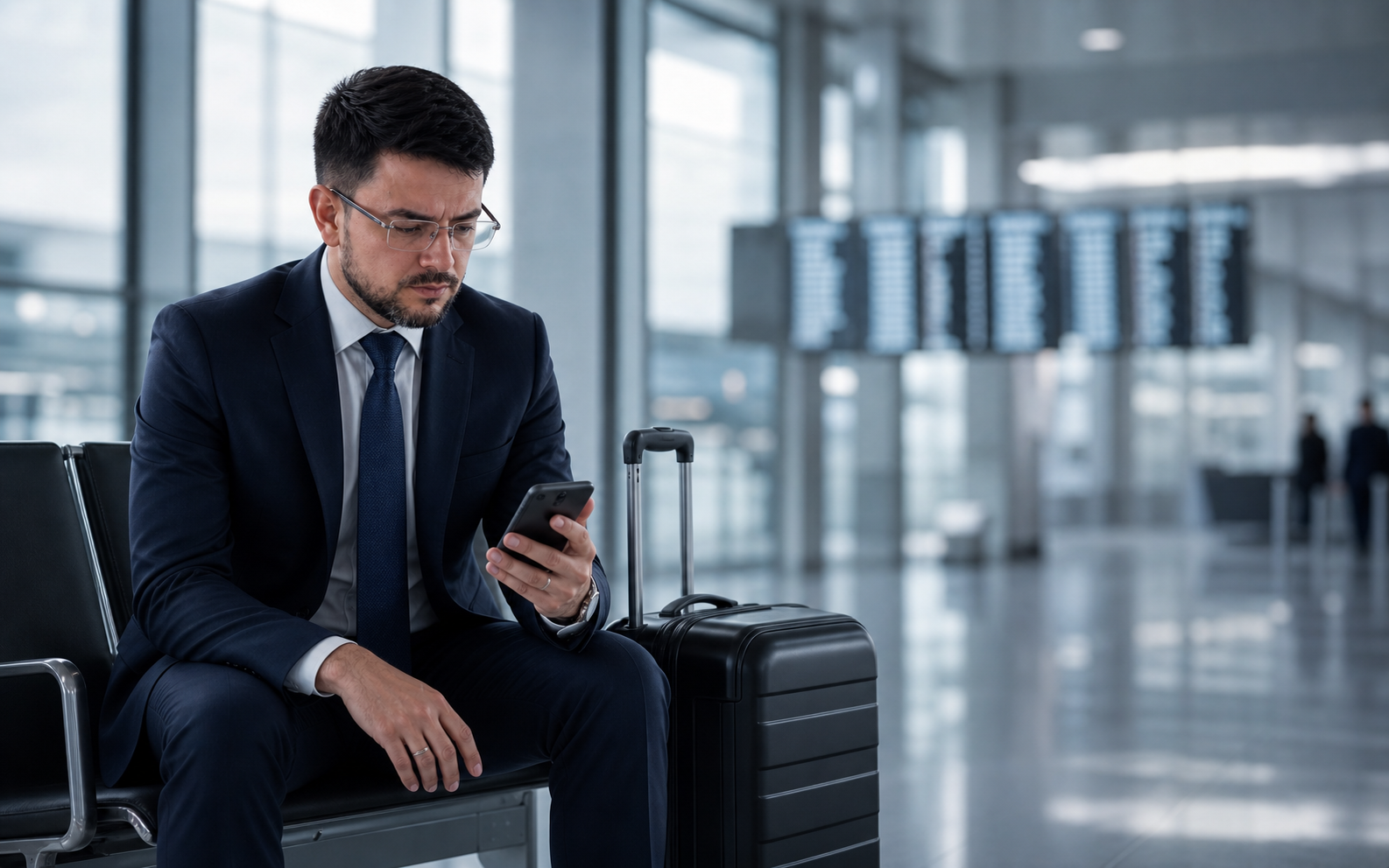 Passageiro em aeroporto analisando informações sobre seu voo pelo celular